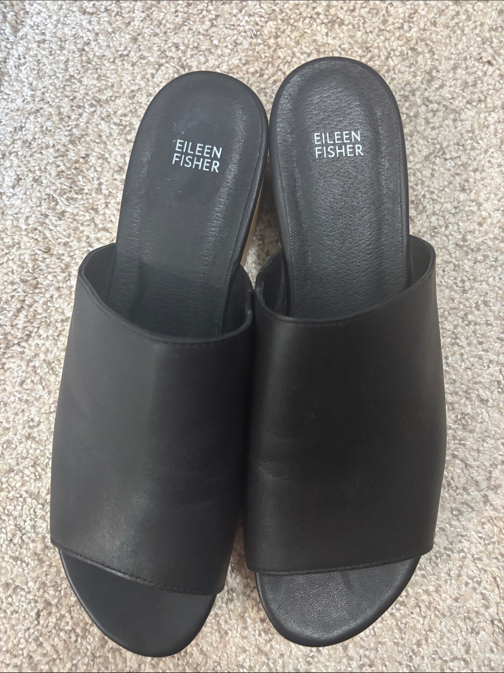 Eileen Fisher Black Leather Open-Toe Slide Mules - Size 11